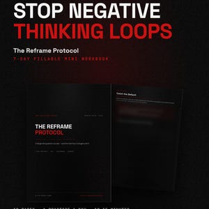 May include: A black and red digital workbook titled STOP NEGATIVE THINKING LOOPS: The Reframe Protocol. This 12-page, 7-day fillable PDF includes sections like Catch the Default, designed for 10-15 minute daily practice, available in A4 and US Letter.
