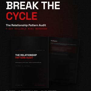 Pode incluir: Um livro de exercícios em PDF preenchível intitulado Break The Cycle: The Relationship Pattern Audit. A capa preta apresenta texto em branco e vermelho, incluindo The Pattern Codes, 12 páginas, 1 prática por dia, 10-15 minutos e formatos A4 e US Letter.