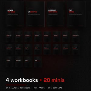 Könnte beinhalten: Eine digitale Sammlung mit dem Titel The Pattern Codes: The Complete Library, bestehend aus 4 großen Arbeitsbüchern und 20 Mini-Arbeitsbüchern. Die schwarzen Einbände zeigen weißen und roten Text. Unten steht 4 workbooks + 20 minis, 24 fillable workbooks, 415 pages, one download, A4 + US Letter, instant download.