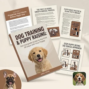 Peut inclure: Un livre intitulé Dog Training & Puppy Raising: The Complete Guide to the First 30 Days with Your Puppy par Aria Vene, avec un chiot golden retriever sur la couverture, entouré de quatre pages informatives avec texte et illustrations.