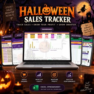 Peut inclure: Un outil de suivi des ventes d'Halloween numérique affiché sur un écran d'ordinateur portable et plusieurs smartphones. L'interface présente des graphiques, des tableaux et des champs de données pour suivre les commandes, les coûts et les profits. Le design inclut des étiquettes comme Halloween Sales Tracker, Dashboard et Excel Spreadsheet.