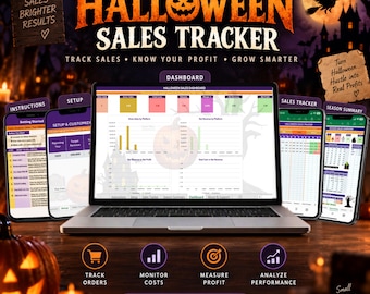 Può includere: Un tracker digitale delle vendite di Halloween visualizzato sullo schermo di un computer portatile e su diversi smartphone. L'interfaccia presenta grafici, tabelle e campi dati per tracciare ordini, costi e profitti. Il design include etichette di testo come Halloween Sales Tracker, Dashboard e Excel Spreadsheet.