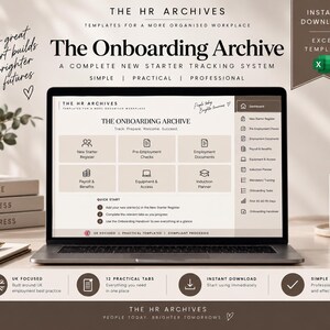 Può includere: Uno schermo di un portatile che mostra il modello Excel The Onboarding Archive, con una dashboard che include sezioni per il registro dei nuovi assunti, controlli pre-assunzione, documenti di lavoro e pianificazione.