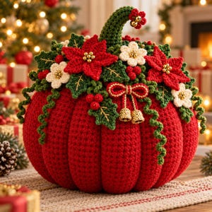 May include: A round, red crocheted pumpkin decoration adorned with green crocheted leaves, red and white poinsettia flowers with gold bead centers, red berries, a red ribbon bow, and two small gold bells attached to the top stem.