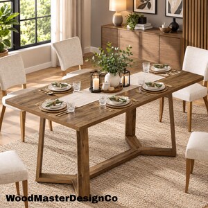 Farmhouse Dining Table, 120cm Rectangular Wood Kitchen Table for 4 (Geometric Base)