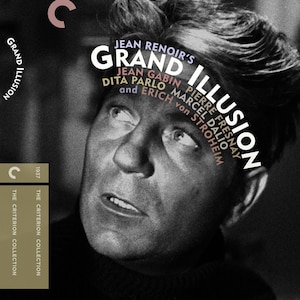 Puede incluir: Una portada de película en blanco y negro de La gran ilusión de Jean Renoir, con el retrato de una persona mirando hacia arriba. El texto incluye el título, el director y los actores Jean Gabin, Dita Parlo, Pierre Fresnay, Marcel Dalio y Erich von Stroheim.