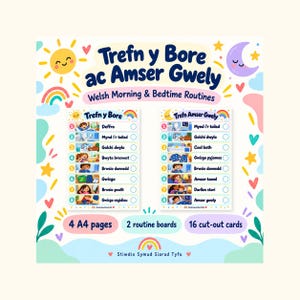Rutinas visuales galesas para la mañana y la hora de dormir / Trefn y Bore ac Amser Gwely / 16 tarjetas ilustradas / PDF A4 imprimible