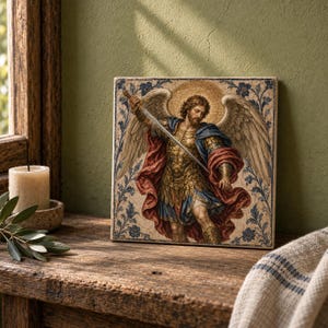 Op de afbeelding: Een vierkante decoratieve tegel met een gedetailleerde illustratie van een engel met grote vleugels, gekleed in een gouden harnas en een golvende rode en blauwe mantel, met een opgeheven zwaard. Het kunstwerk is omrand door blauwe bloemranken.