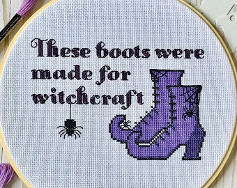 Finished These Boots Were Made For Witchcraft Cross Stitch | Halloween Home Decor | Framed In Hoop | Handmade Ready To Ship Embroidery