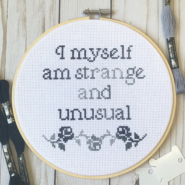 Finished 7 Inch I Myself Am Strange And Unusual Cross Stitch | Framed Embroidery | Lydia Deetz Beetlejuice | Handmade Decor | Ready To Ship