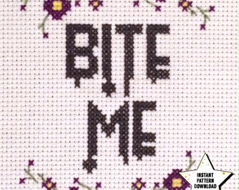 Bite Me Cross Stitch Pattern, Floral Border, Drippy, Bloody Font, Modern Embroidery Instant Digital Download, Xstitch PDF, Pattern Only
