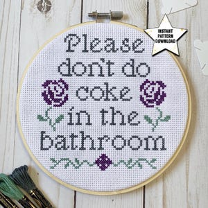 Please Don’t Do Coke In The Bathroom Cross Stitch Pattern | Roses Design | Easy Beginner Friendly | Instant Digital Download | DIY Xstitch