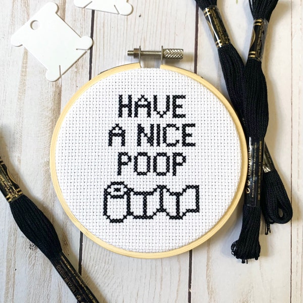 Completed White Have A Nice Poop Cross Stitch | Finished & Framed | Handmade Bathroom Home Decor | Funny Embroidery Gift | Ready To Ship