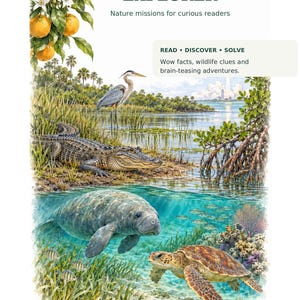 Könnte beinhalten: Ein Buchcover mit dem Titel Florida Explorer zeigt eine Illustration einer Florida-Landschaft mit einem Alligator, einem Reiher, einem Rundschwanzseekuh und einer Meeresschildkröte. Der Text lautet Mia & Leon Playhouse, State Explorer Series, Read Discover Solve und Ages 6-9.