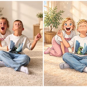 May include: A white t-shirt featuring a graphic print of a green dinosaur in a city skyline with the text ROCK. The shirt is worn by a person sitting cross-legged in blue jeans and white socks, while another person wears a matching white t-shirt.