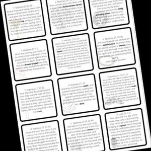 以下が含まれることがあります： 黒い枠と白い文字で書かれたイラストが描かれたカード12枚のセット。各カードは、イエスの十字架刑の物語の異なる場面を描いています。カードには、「30枚の銀貨」、「茨の冠」、「十字架」など、聖書の言葉が書かれています。