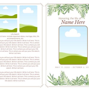 Op de afbeelding: Een groene en witte herdenkingskaart met een aquarel-illustratie van bladeren en een landschap. De kaart vermeldt "Honoring the life of Name Here" en bevat de data "MAY 11, 2222 - OCTOBER 2, 3333".