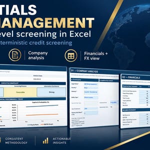 Puede incluir: Una interfaz de panel digital para Essentials Risk Management en Excel, que incluye un panel de riesgo crediticio ejecutivo, análisis de empresa, datos financieros y configuración de FX. Diseño azul oscuro con gráficos, tablas y etiquetas.
