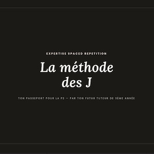 May include: A black digital slide featuring white text that reads EXPERTISE SPACED REPETITION, La méthode des J, and TON PASSEPORT POUR LA P2 - PAR TON FUTUR TUTEUR DE 3EME ANNÉE. The number 02 is in the top left corner and Spaced Repetition is in the bottom right.