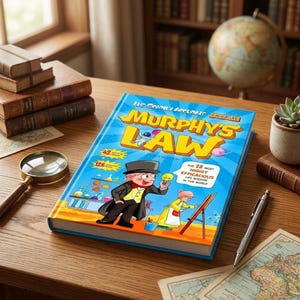 May include: A hardcover book titled The Scarily Accurate Murphy's Law with a bright blue cover featuring a cartoon man in a top hat holding a lightbulb and a child painting at an easel. The cover includes text about 42 lessons and 126 pages.