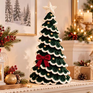 May include: A dark green crocheted Christmas tree decoration featuring white scalloped edges, small gold star accents, a red crocheted bow at the center, and a white crocheted star topper. The tree has a layered, textured appearance.