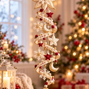 Puede incluir: Un adorno navideño colgante con una gran estrella de ganchillo color crema en la parte superior, con una cinta en espiral decorada con estrellas, lunas y copos de nieve de ganchillo más pequeños en crema y rojo, con cuentas doradas y pompones.