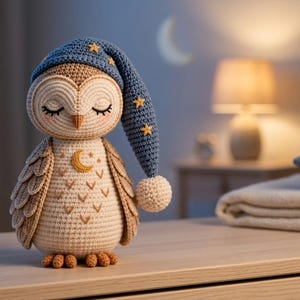 Puede incluir: Una muñeca de búho tejida a ganchillo con los ojos cerrados y mejillas rosadas, que lleva un gorro de dormir azul decorado con estrellas amarillas y un pompón blanco. El búho tiene un cuerpo beige con un bordado de luna creciente y alas marrones.