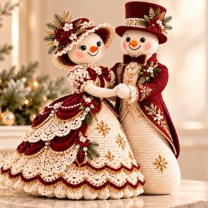May include: Two crocheted snowman figures dressed in formal attire. The female figure wears a cream and burgundy gown with lace details, a matching hat, and floral accents. The male figure wears a burgundy tailcoat, top hat, and bowtie.