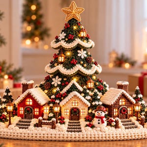 May include: A crochet Christmas village display featuring a central dark green tree topped with a gold star, surrounded by three small houses with white snow-covered roofs, a snowman, miniature trees, and glowing lanterns.