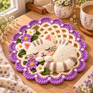 Può includere: Un centrino rotondo all'uncinetto raffigurante un gatto color crema addormentato con strisce marroni. Il gatto è circondato da piccoli fiori viola e bianchi all'uncinetto con foglie verdi. Il centrino ha un centro color crema e un bordo viola smerlato.