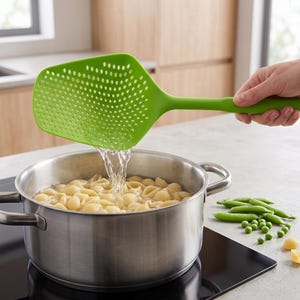 May include: A bright green slotted skimmer spoon with a wide, flat head and a long handle, held above a stainless steel pot filled with water and shell-shaped pasta. The skimmer features a grid of small circular holes for draining liquid.