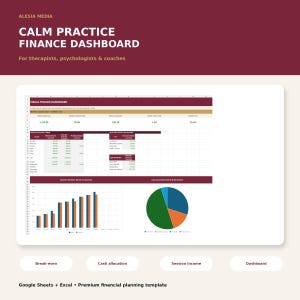 Può includere: Un modello di dashboard finanziaria digitale per Google Sheets ed Excel intitolato Calm Practice Finance Dashboard. L'interfaccia mostra tabelle di dati finanziari, un grafico a barre dei ricavi e un grafico a torta.
