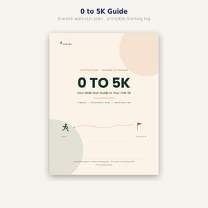 Op de afbeelding: Een digitale 0 to 5K-gids met een 8-weken wandel-hardloopplan. De cover toont de tekst 0 TO 5K, Your Walk-Run Guide to Your First 5K, 8 WEEKS, 3 SESSIONS/WEEK, ONE FINISH LINE en een afbeelding van een persoon die naar een finishvlag rent.