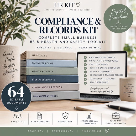 Small Business HR & Compliance Kit | 64 Editable Risk Assessments, Policies (Digital Download)