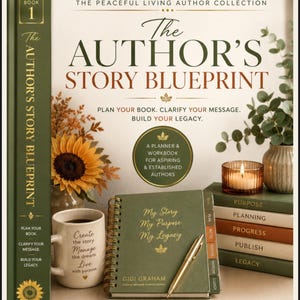 May include: A spiral-bound planner titled The Author's Story Blueprint by Gigi Graham with a green cover, gold pen, and tabbed sections. The cover text reads My Story, My Purpose, My Legacy. Nearby is a mug with inspirational text and a stack of books.
