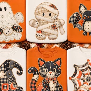 Straszny wzór w kratkę Gingham w formacie PNG, projekt sublimacji na Halloween, grafika na koszulkę z koronką i duchem, cyfrowe pobieranie materiału na Halloween w stylu vintage.