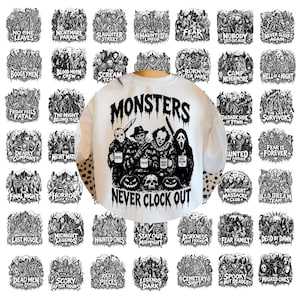 May include: A white t-shirt featuring a black graphic of four iconic horror movie characters holding coffee mugs. The text reads MONSTERS NEVER CLOCK OUT. The background displays a grid of various black and white horror-themed illustrations.