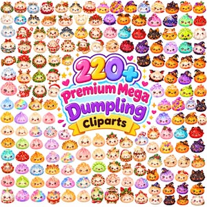 Puede incluir: Una colección de más de 220 ilustraciones de dumplings estilo caricatura, con colores vivos, diversos temas festivos, decoraciones navideñas y expresiones tiernas, centradas en un gráfico que dice 220+ Premium Mega Dumpling Cliparts.