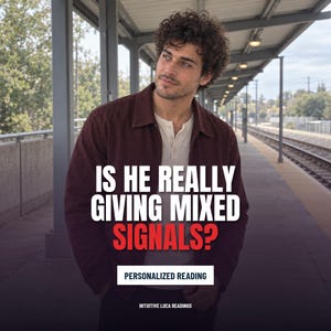 May include: A person with curly hair wearing a dark red jacket over a cream-colored henley shirt. The image features the white and red text: IS HE REALLY GIVING MIXED SIGNALS? PERSONALIZED READING INTUITIVE LUCA READINGS.