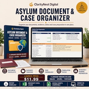 May include: A digital asylum document and case organizer displayed on a laptop screen and a physical product cover. The dashboard features tables for case information, organization status, and reminders. Includes checklists, evidence tracking, and chronology.