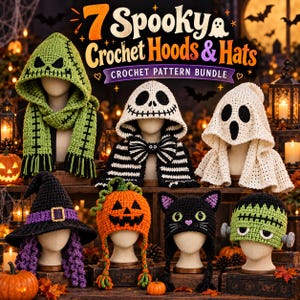 May include: A collection of seven crochet hoods and hats featuring Halloween-themed designs including a green monster hood, a skeleton hood, a ghost hood, a witch hat, a pumpkin hat, a black cat hat, and a Frankenstein-style hat.