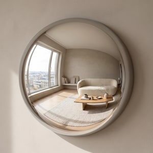 May include: A large, circular convex mirror with a thick, light beige frame. The mirror surface reflects a wide-angle view of a room containing a curved cream-coloured sofa, a wooden coffee table, a textured area rug, and a large window.