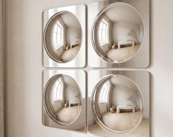 Konvexer Blasen-Spiegel, quadratische Fischaugen-Spiegelkachel, einzeln oder im 4er-Set, bruchsicheres Acryl, Wanddeko im Y2K-Space-Age-Stil, 25 cm