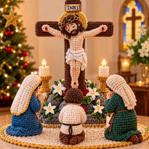 May include: A crochet display featuring a brown cross with a figure of Jesus, marked INRI, centered above three kneeling figures. Two figures wear head coverings in blue and green, while the third wears white. White flowers and two candles decorate the base.