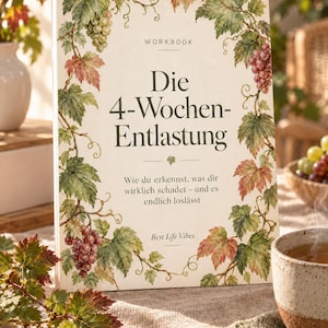 Könnte beinhalten: Ein Arbeitsbuch mit dem Titel Die 4-Wochen-Entlastung, dem Untertitel Wie du erkennst, was dir wirklich schadet – und es endlich loslässt und dem Text Best Life Vibes. Das Cover zeigt eine Aquarellillustration von Weinreben mit Blättern.