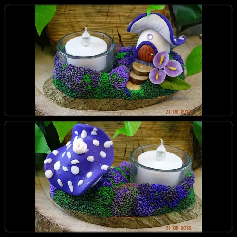 Purple Spotty Toadstool Tea Light Holder, Pixie House. Polymer Clay ...