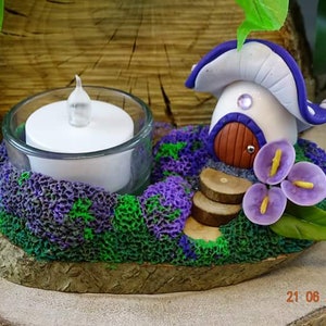 Purple Spotty Toadstool Tea Light Holder, Pixie House. Polymer Clay ...