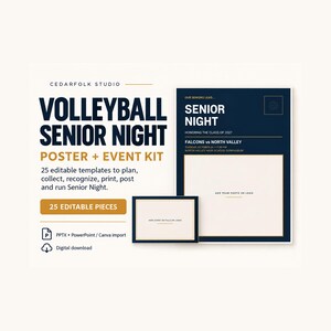 Puede incluir: Un kit de póster y evento para la noche de seniors de voleibol de Cedarfolk Studio. Las plantillas azul marino y doradas incluyen texto como Volleyball Senior Night, 25 Editable Pieces y Senior Night Honoring the Class of 2027.