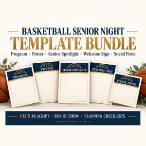 Ensemble de modèles pour la soirée des aînés de basketball | Programme, affiche, script pour annonceurs et kit de planification
