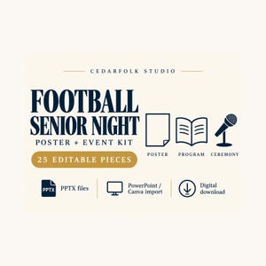 Puede incluir: Un kit digital de póster y evento para Football Senior Night de Cedarfolk Studio con 25 piezas editables. Incluye iconos de póster, programa y micrófono de ceremonia, además de etiquetas para archivos PPTX, importación a PowerPoint o Canva y descarga digital.